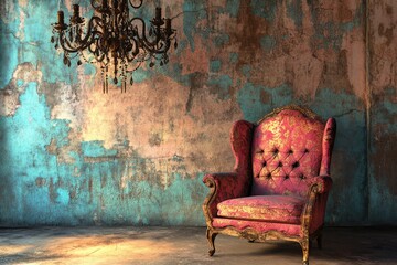 Three-Dimensional Antique Chair in a Classic Old Room with Chandelier and Cracked Background Colors