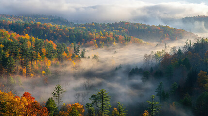 Obraz premium Morning fog settles over autumn woods as sunlight highlights vivid colors of fall leaves
