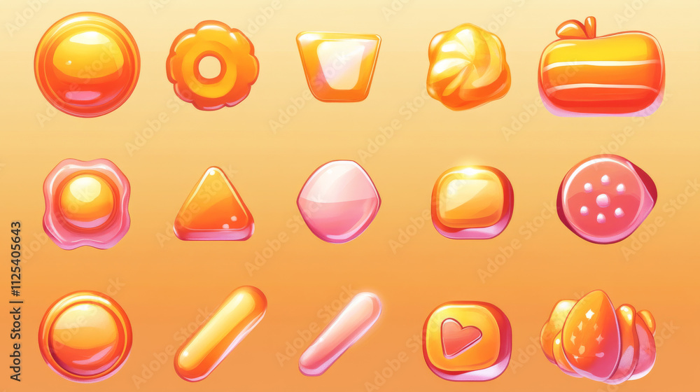 Poster candy game ui button and interface icon cartoon. mobile app cute design kit with arrow, menu, slider