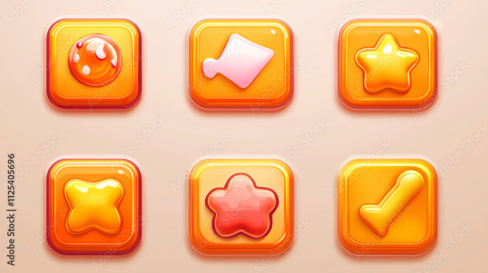 Poster candy game ui button and interface icon cartoon. mobile app cute design kit with arrow, menu, slider
