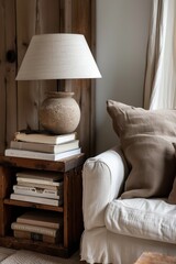 Cozy Reading Nook with Mocha Mousse Furniture and Rustic Wooden Side Table