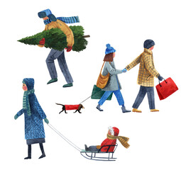 Winter watercolor sketches of people walking. 
Hand drawing