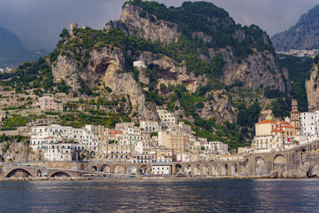 Fototapeta premium A view from the sea of ​​a small, colorful town