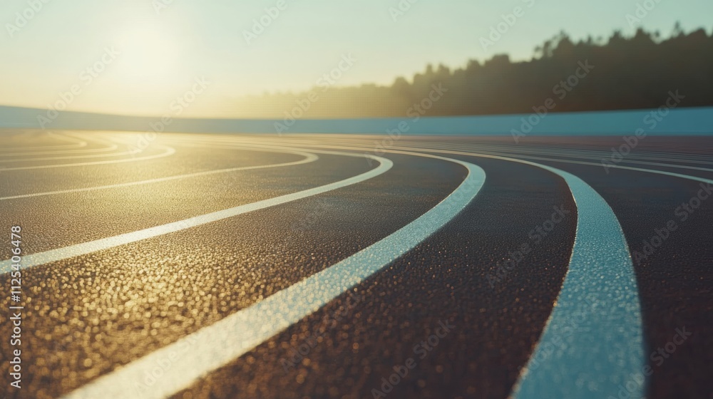 Poster a smooth curved running track winds into the distance, illuminated by the warm glow of the setting s