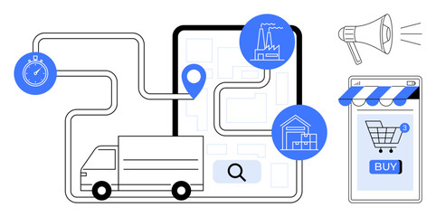Delivery truck on a mapped route with location pins, factory, warehouse, megaphone, and smartphone with shopping cart. Ideal for logistics, e-commerce, supply chain, delivery services, online