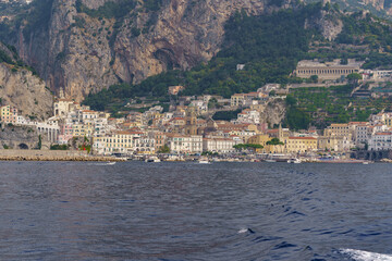 Fototapeta premium A view from the sea of ​​a small, colorful town