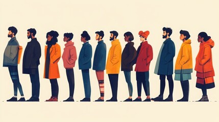 Fototapeta premium A diverse group of people stand in a line, wearing warm coats in various colors. They appear patient and await their turn.