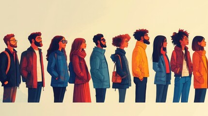 Fototapeta premium A diverse group of young adults stand in a line, dressed in warm autumnal clothing. The image features a variety of ethnicities and styles.