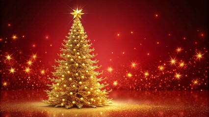 Golden Christmas Tree In Red Festive Background
