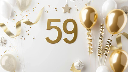 Golden number balloons with decorative ribbons and stars for 59th birthday celebration