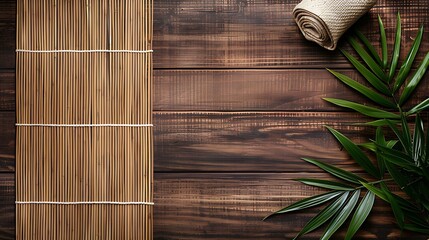 Wooden table with bamboo mat and palm leaves