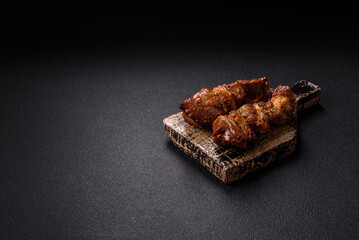 Delicious grilled chicken, turkey or pork skewers with salt, spices and herbs