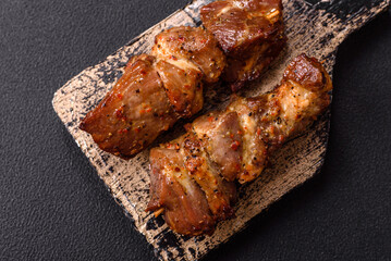 Delicious grilled chicken, turkey or pork skewers with salt, spices and herbs