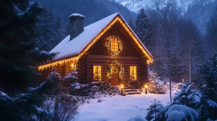 Cozy Snow-Covered Cabin with Festive Christmas Lights in a Winter Wonderland