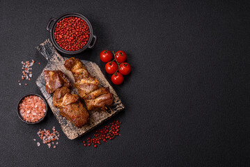Delicious grilled chicken, turkey or pork skewers with salt, spices and herbs