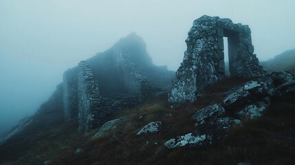 Mysterious stone ruins peeking through the fog on the mountain slope.