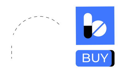 Pharmacy app logo features pill and tablet graphics with bold BUY button. Ideal for online pharmacies, healthcare apps, digital marketplaces, e-commerce, medical websites, health promotion