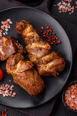 Delicious grilled chicken, turkey or pork skewers with salt, spices and herbs