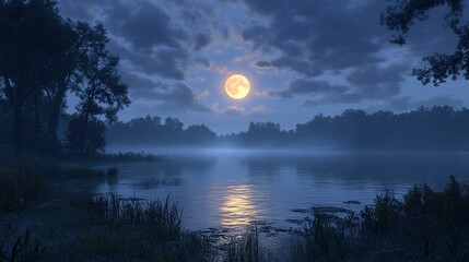 Fototapeta premium Full moon over misty lake at night.