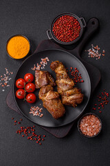 Delicious grilled chicken, turkey or pork skewers with salt, spices and herbs