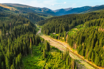 Aerial view of  Transalpina road with many serpentines crossing forest in  Carpathian mountains. Aerial mountains forest trees with road.