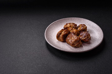 Delicious grilled chicken, turkey or pork skewers with salt, spices and herbs