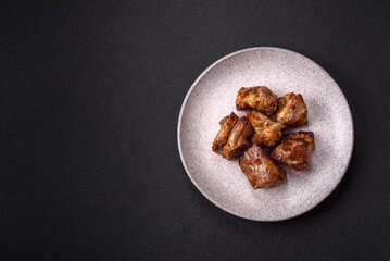 Delicious grilled chicken, turkey or pork skewers with salt, spices and herbs