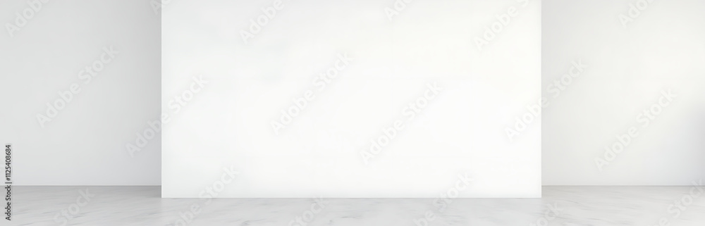 Poster a minimalist gallery space features a large blank white wall and polished marble floor in a clean co