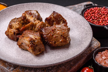 Delicious grilled chicken, turkey or pork skewers with salt, spices and herbs