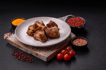 Delicious grilled chicken, turkey or pork skewers with salt, spices and herbs