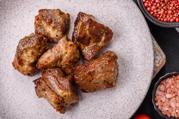 Delicious grilled chicken, turkey or pork skewers with salt, spices and herbs