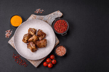 Delicious grilled chicken, turkey or pork skewers with salt, spices and herbs