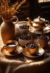 Fototapeta premium stunning coffee still life featuring rich artistic unique vivid colors engaging composition, beans, texture, aroma, cup, mug, roasted, brewing, ground