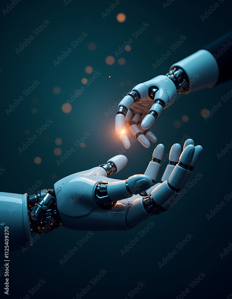 Aufkleber a hand of a robot and a human touch a big data network, connecting science and artificial intelligen
