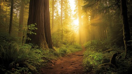 Fototapeta premium Sunlit path through misty redwood forest.
