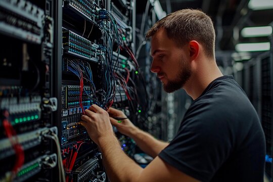 Engineer meticulously organizes cables in a server room during evening hours