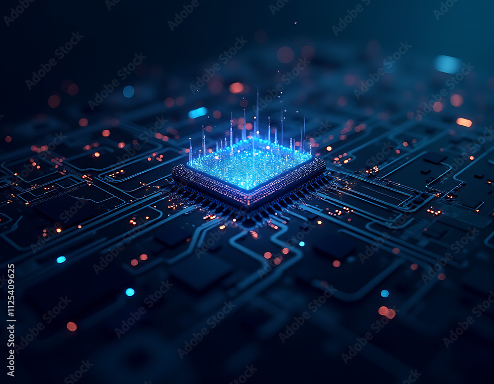 Poster a futuristic quantum computer technology concept features a modern circuit board texture with flowin