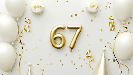 Golden number balloons with white decorations for 67th birthday celebration