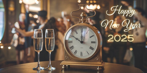 Życzenia Happy New Year 2025, zegar vintage oraz dwa kieliszki z szampanem, w tle osoby podczas zabawy sylwestrowej © siwyk