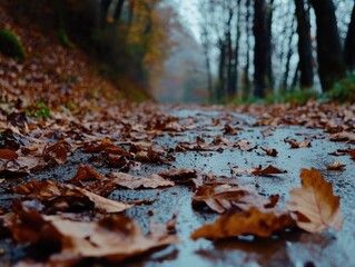 Scenic Pathway: Autumn Leaves Blanketing a Serene Road Through the Forest
