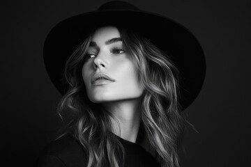 Elegant Woman in a Dark Hat Captured in Striking Monochrome Photography on a Sleek Black Canvas