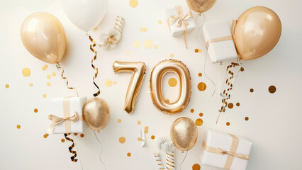 Golden balloons and gifts with number 70 for birthday celebration