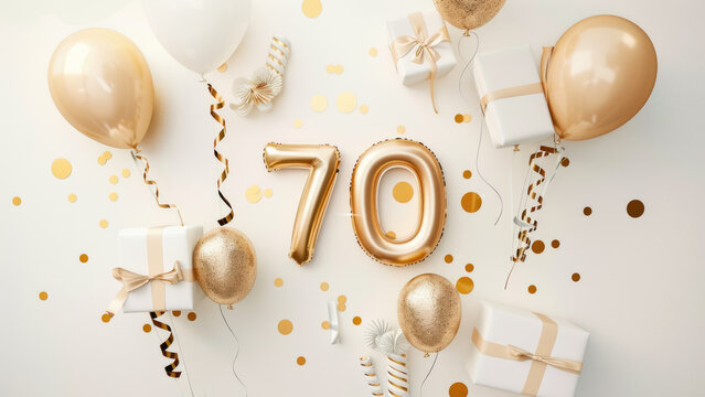 Golden balloons and gifts with number 70 for birthday celebration