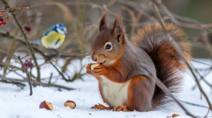 Fototapeta premium A squirrel with brown-red fur is sitting on the ground in the snow. A squirrel is gnawing on a hazelnut. A few nuts are lying on the snow nearby. There are bare bushes with a sitting tit in the back.
