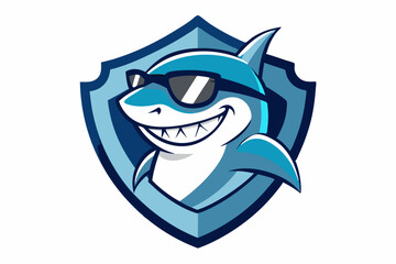 Shark wearing sunglass in shield mascot logo vector illustration