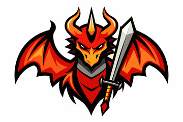 Demonic dragon with a fiery sword mascot logo vector illustration