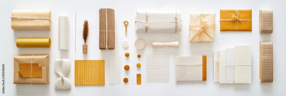 Poster gift wrapping materials in a flat lay showcase colorful papers, ribbons, and décor, with space left 