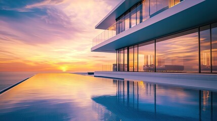 Fototapeta premium Modern luxury house with infinity pool at sunset.