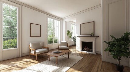 Fototapeta premium Interior of a modern living room with white walls, wooden floors, a fireplace and a wooden armchair standing next to a small coffee table. 