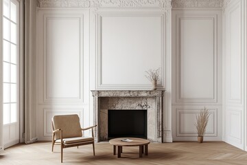 Fototapeta premium Interior of a modern living room with white walls, wooden floors, a fireplace and a wooden armchair standing next to a small coffee table. 